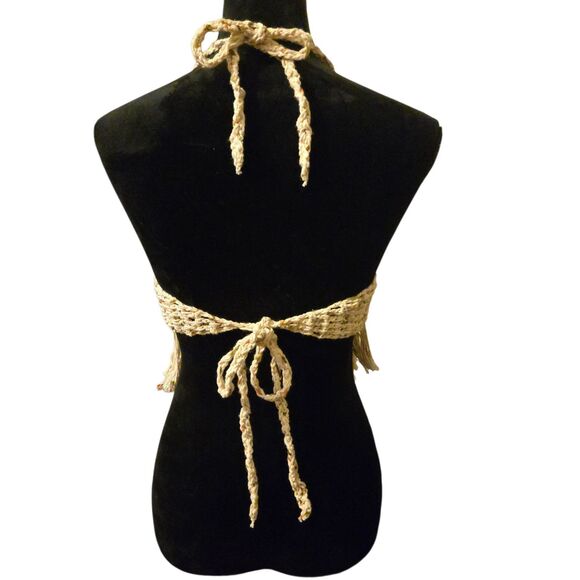 VTG Halter Top Handmaide Beige Festival Crochet Tank Hippie Fringe 70's - Picture 2 of 4